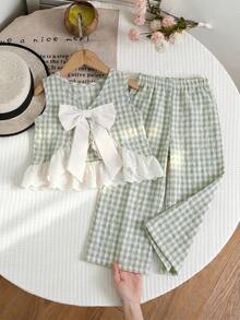 Emery Rose Kids Emery Rose Kids 少女編織格紋圓領休閒背心與長褲2件組 - 綠色 - 查看 7
