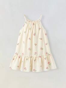SHEIN 少女花卉布料荷葉邊下擺細肩帶洋裝 - 粉色 - 查看 2