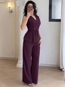 Feyla New Korean Style Cap Sleeve Slimming Cinched Waist Elegant Commuter Office Versatile Daily Set Dark Purple Summer - Red Violet - View 7