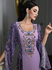 Layrah Vintage Print Colorblock Side Cinched Waist Handmade Rhinestone Embellished Arabian Dress - Purple - View 7