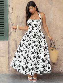 SHEIN Clasi Plus Size Brown Summer Boho Elegant Floral A-Line Dress,Retro Halter Tie-Up Sleeveless Tea Party Gym Holiday Beach Vacation Sundress - Black and White - View 8
