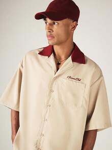 SUMWON Club Bowling Shirt With Contrast Color Block Yoke Short Sleeve Camp Collar Button Up Regular Fit - Khaki - View 5