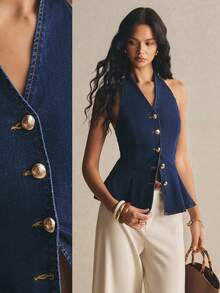 SHEIN MOD Women's Denim Top,Navy Blue Pleated Front Button Backless Denim Shirt,Elegant Night Out Summer Tops,Festival Outfits Festa Junina Blouses - Dark Wash - View 3