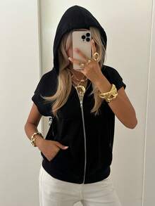 SHEIN EZwear 袋鼠口袋連帽衛衣 夏季旅行黑色運動休閒風 - 黑色 - 查看 6