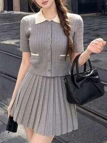 DAZY Women's Contrast Color Round Neck Short Sleeve Button Front Twist Knit Sweater 2 Pieces Set - Grey - View 1