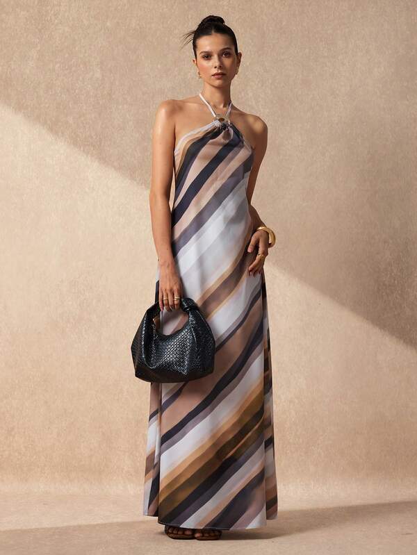 SHEIN Uhlyne Vestido de mujer con patrón geométrico minimalista y hebilla de metal de línea
