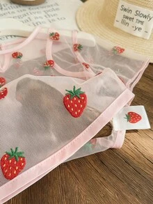 SHEIN 女童夏季上衣衬衫夏季服装背心吊带衫抹胸泳装罩衫草莓女童服装女童上衣夏季女童夏季衬衫套装女童童装女童草莓刺绣薄纱罩衫粉色短袖夏季衬衫 - 粉色 - 查看 7