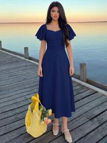 Vestido elegante y romántico de manga corta, cintura recogida y plisado en A, de longitud media, en color amarillo tejido, para primavera/verano - Azul marino - Ver 8