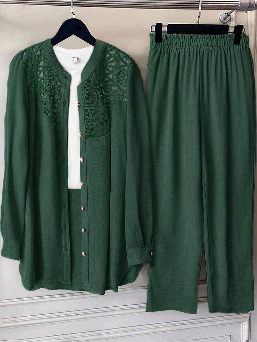 EMERY ROSE Plus Size Women's Solid Color Linen Blend Round Neck Lace Patchwork Full Button Front Mid-Sleeve Casual Elegant Comfortable Shirt + Pants 2pcs Set - Dark Green - View 1