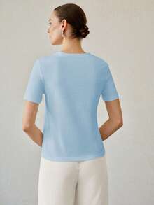 MOTF PREMIUM CAMISETA DE MANGA CORTA CON CUELLO REDONDO DE COLOR UNIDO VERSÁTIL PARA MUJER EN VERANO - Azul - Ver 4
