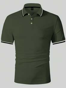 Calvornis 男士夏季休閒拼色飾邊短袖 Polo 衫，儀式場合適用 - 軍綠色 - 查看 3