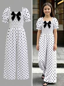 1 buah Jumpsuit Anak Perempuan Motif Polkadot Hitam Putih Lengan Mengembang dengan Hiasan Pita, Cocok untuk Pantai, Makan Siang Akhir Pekan, Pesta, Musim Semi/Panas - Putih - View 5