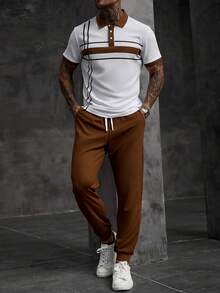 Manfinity CasualCool 男士拼色短袖 Polo 衫與長褲休閒日常穿搭套裝 - 白色 - 查看 4