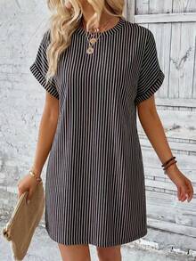 EMERY ROSE Gaun Wanita Lengan Pendek Model Batwing Longgar Kasual Bergaris - MultiWarna - View 3