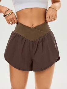 SHEIN Velisys Bộ 2 món quần short thể thao in chữ, thiết kế eo bất đối xứng, tôn dáng, phong cách thường ngày đa năng - Nhiều màu - Xem 3