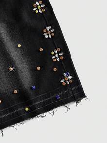 ROMWE MEN Street Life Men's Summer Casual Rhinestone Decorated Denim Shorts - Black - View 4