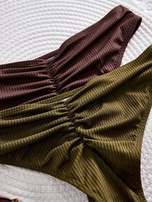 SHEIN 女款夏季海灘派對度假純色百褶比基尼褲多件套裝 巧克力棕 橄欖綠 性感 - 彩色 - 查看 4