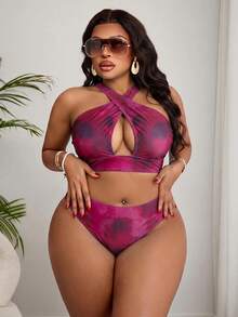 Slaydiva Plus Size Tie-Dye Print Bikini Set - Hot Pink - View 3