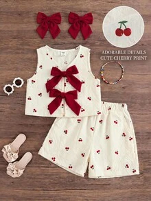 Emery Rose Kids Emery Rose Kids 两件套女童条纹圆领上衣和短裤套装 - 白色 - 查看 3