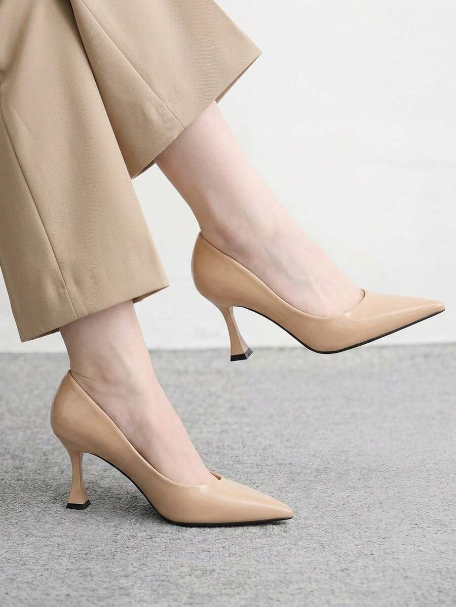 CUCCOO BIZCHIC 女款純色尖頭簡約高跟鞋,休閒日常穿著,適合春假、復活節、聖誕節 - 新料杏色 - 查看 1