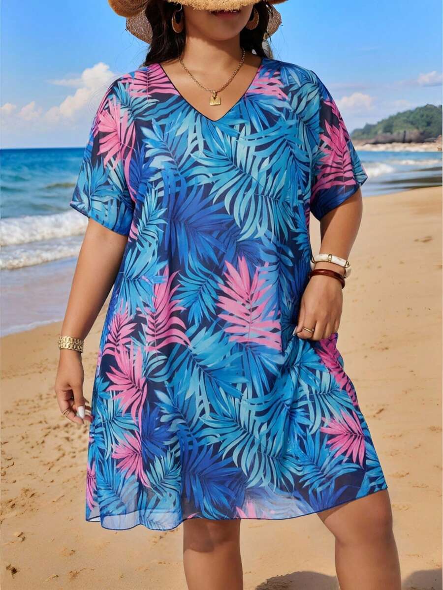 Swim Lushoire Plus Size Women's Random Print Short Sleeve Pullover Loose Long Beach Cover-Up - Multicolor - View 1