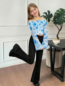 SHEIN 少女度假休闲露肩碎花上衣和纯色喇叭裤套装 - 藍色 - 查看 1