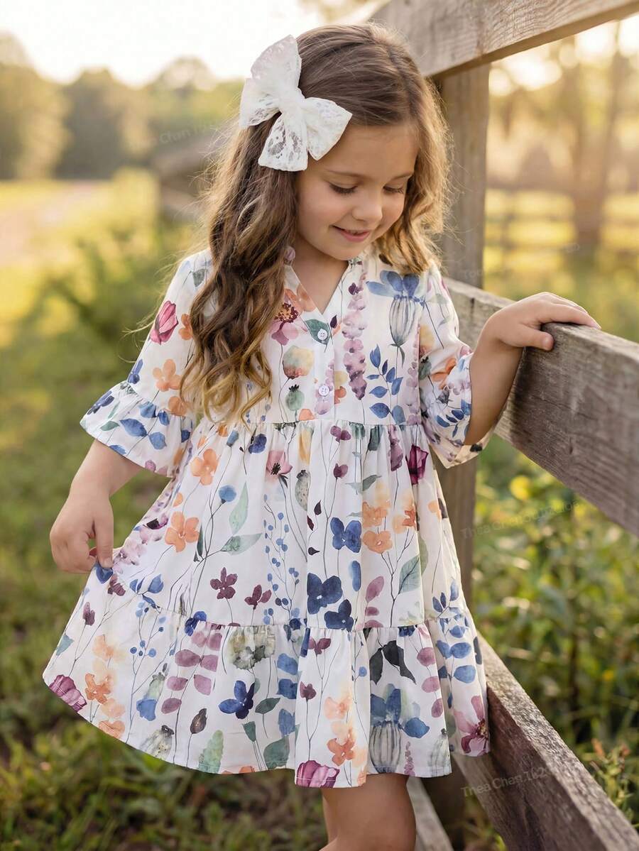 Emery Rose Kids Emery Rose Kids 少女編織立領花卉休閒洋裝