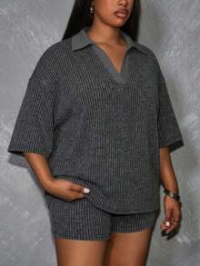 Slaydiva Plus Size Summer Casual Smart Casual Short Sleeve Top And Shorts 2 Pieces Set Workwear Gray - Multicolor - View 3