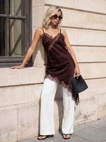 Sinnesro Spring/Summer Lace Satin Top, Casual Vacation Style, Vintage, Commuting Night Out, Sexy Home, Petite Women Shades Of Brown - Rust Brown - View 5