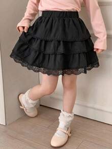 SHEIN Genkimix Kids 女童蕾絲飾邊純色多層時尚蛋糕裙，夏季 - 黑色 - 查看 2