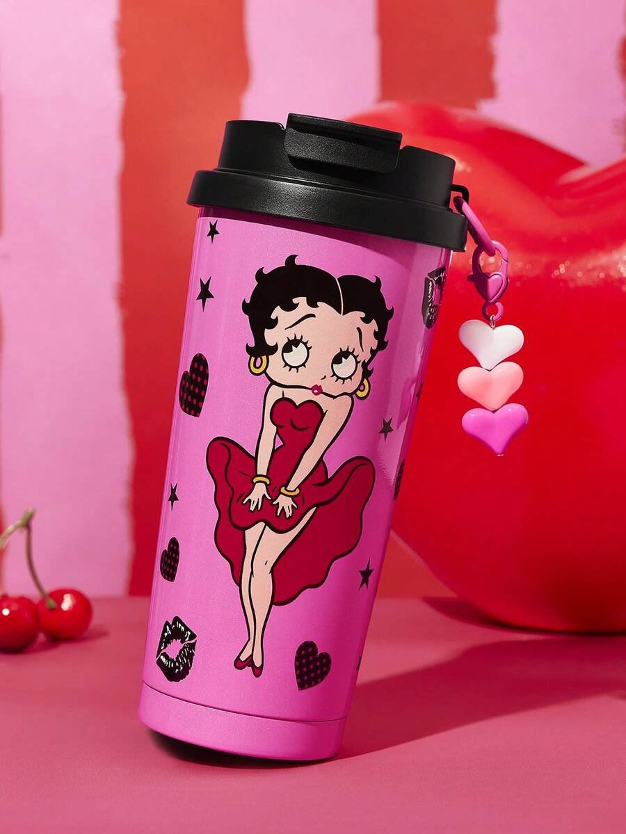 Betty Boop x SHEIN 500ml /16 Oz 真空保溫不鏽鋼杯,1個防漏蓋,適用於熱飲/冷飲,適用於大多數杯架,禮物靈感,派對,節日,情人節 - 玫紅色 - 查看 1