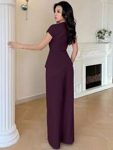 Feyla New Korean Style Cap Sleeve Slimming Cinched Waist Elegant Commuter Office Versatile Daily Set Dark Purple Summer - Red Violet - View 6