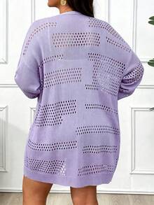 Elenzga Plus Size Solid Color Minimalist Everyday Hollow Out Cardigan Fall - Purple - View 2