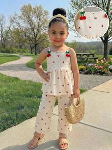 Emery Rose Kids Emery Rose Kids 少女編織素色條紋3D花卉休閒吊帶上衣與長褲2件套 - 杏色 - 查看 7