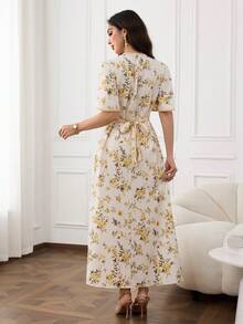 Al Najma 女款V領花卉印花休閒優雅端莊派對正式晨禮洗禮賓客阿拉伯風洋裝 白色冬季 - 彩色 - 查看 2