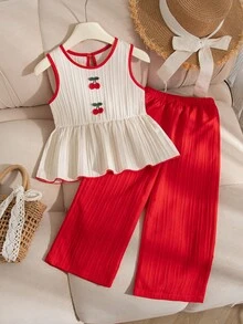 SHEIN Elladie kids 少女夏季海灘度假新款清新田園風精緻櫻桃兩件套杏色拼色裝飾無袖背心上衣 + 紅色寬腿長褲甜美可愛時尚日常穿搭夏季 - 紅色 - 查看 5