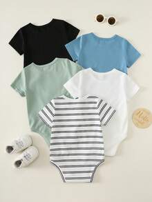SHEIN 男女通用新生兒嬰兒男嬰女嬰 5件/套 春夏休閒百搭 素色與條紋高彈力羅紋短袖連身衣套裝，易穿脫嬰兒連身衣，服裝套裝 - 彩色 - 查看 2