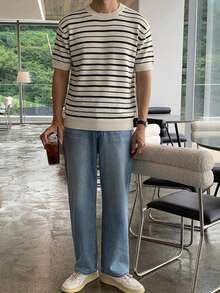 DAZY Men's Summer Half-Button Striped Apricot Knit Top - Multicolor - View 5