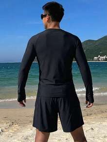 DAZY 男士夏季條紋印花拼色長袖圓領上衣與短褲沙灘套裝 度假風 - 黑色 - 查看 2