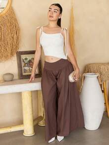 Andrea Bello Vintage Low-Waist Wide-Leg Pants, Draping Slimming Effect, Casual Coffee-Colored Pure Cotton Trousers, Suitable For Vacation, Casual Wear, Summer - Coffee Brown - View 2