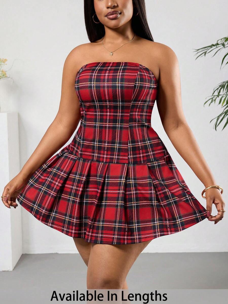 SHEIN PETITE CURVE 大码时尚格子抹胸迷你连衣裙,夏季 - 彩色 - 查看 1