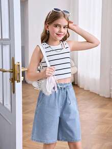 SHEIN Tween Girl Summer Casual Wide Leg Denim Shorts - Light Wash - View 2