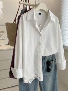 Comfortcana Elegant Women's Spring/Summer Breathable Lightweight White Button Down Blouse Versatile Crochet Lace Hem Long Sleeve Shirt For Office & Date - White - View 7