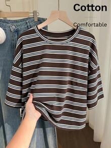 Comfortcana Áo thun ngắn tay casual size lớn thêu hoa 3D, giặt mài, xuân/hè - màu nâu - Xem 3