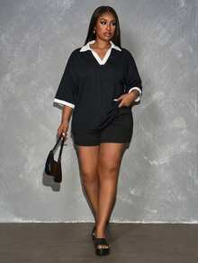 Slaydiva 2pcs Casual Black & White Contrast Plus Size Women's Set, Suitable For Summer Music Festival - Multicolor - View 6