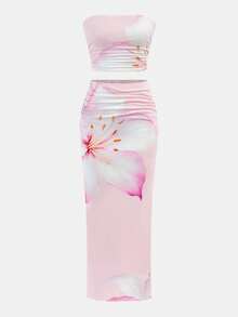 SHEIN Bộ 2 váy maxi hở lưng họa tiết nhiệt đới cho bé gái tuổi teen, màu hồng - Hồng - Xem 4