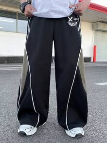 SHEIN 兒童青少年男孩直筒寬鬆拼色拼接運動長褲，柔軟舒適褲，男孩套裝兒童套裝，適合春/夏、情人節、夏季穿搭、海邊週末、家庭聚會、開學季、婚禮季、運動、生日派對 - 彩色 - 查看 5