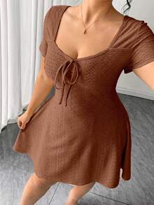 Elenzga Plus Size Fitted Slimming Fashion Yellow Jacquard Dress - Brown - View 7