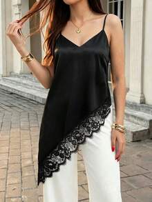 SHEIN PariChic Women Black V-Neck Elegant Lace Patchwork Blouse,Summer Date Night Asymmetric Hem Tank Tops,Versatile Shirt For Party,Holiday,Wedding Guest - Black - View 4