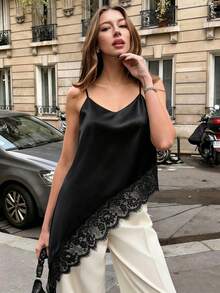 SHEIN PariChic Women Black V-Neck Elegant Lace Patchwork Blouse,Summer Date Night Asymmetric Hem Tank Tops,Versatile Shirt For Party,Holiday,Wedding Guest - Black - View 5